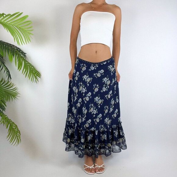 Y2K Style Blue Floral Cottagecore Boho High Waisted Prairie Midi Skirt / Sz: XS - Picture 3 of 6